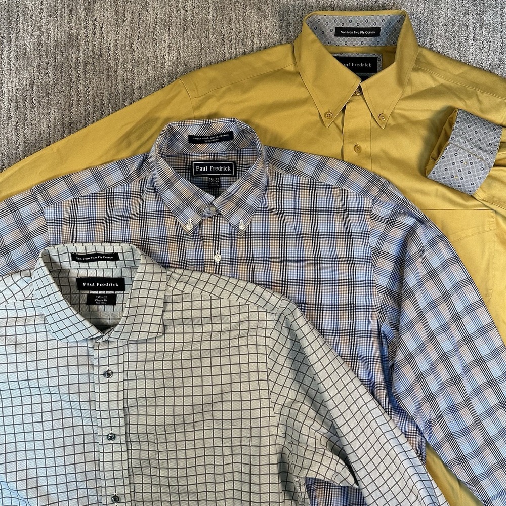 LOT-3 Paul Frederick Flip Cuff Dress Shirt Plaid Men's 15 1/2x32 Blue Yellow